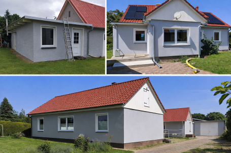 Mehrere Ansichten eines modernen, grau gestrichenen Hauses mit rotem Dach.