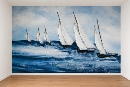 Segelboote auf dem Wasser, dargestellt in blau-weißer Farbpalette.