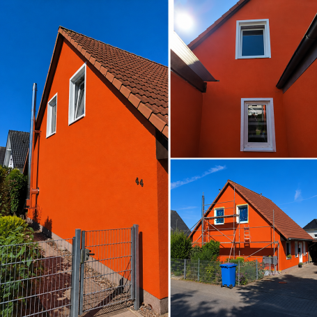 Oranges Haus mit weißen Fensterrahmen und einem Zaun, umgeben von Grünanlagen.