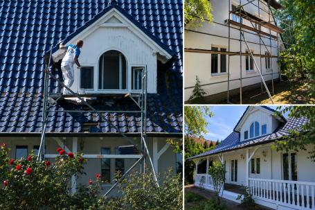 Arbeiter auf einem Gerüst am Dach eines Hauses; verschiedene Ansichten des Hauses.