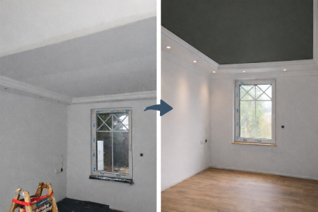 Vorher-Nachher-Vergleich eines Raums mit neuem Deckendesign und modernem Bodenbelag.