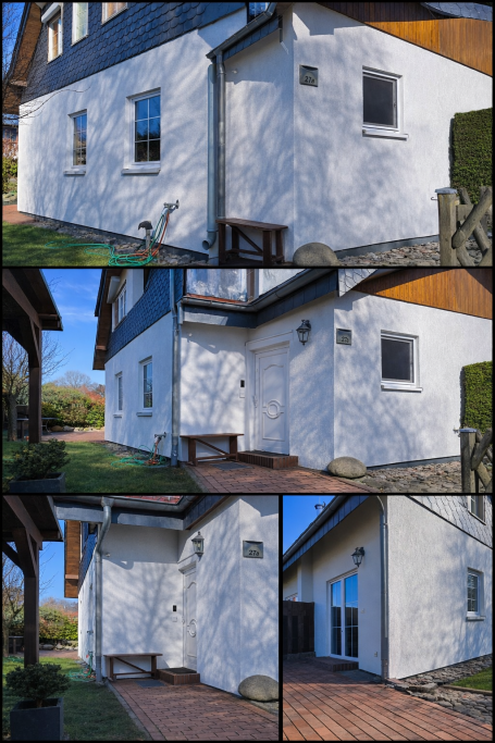 Verschiedene Ansichten eines modernen, weißen Hauses mit Fenstern und Schatten.