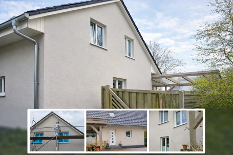 Modernes Haus mit quadratischem Grundriss, hellen Wänden und Fensterfront.
